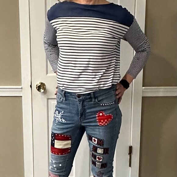 July 4th Special !!! Jessica Simpson Sz 6 Stretch Patchwrk OOAK Patriotic Jeans - Picture 2 of 8